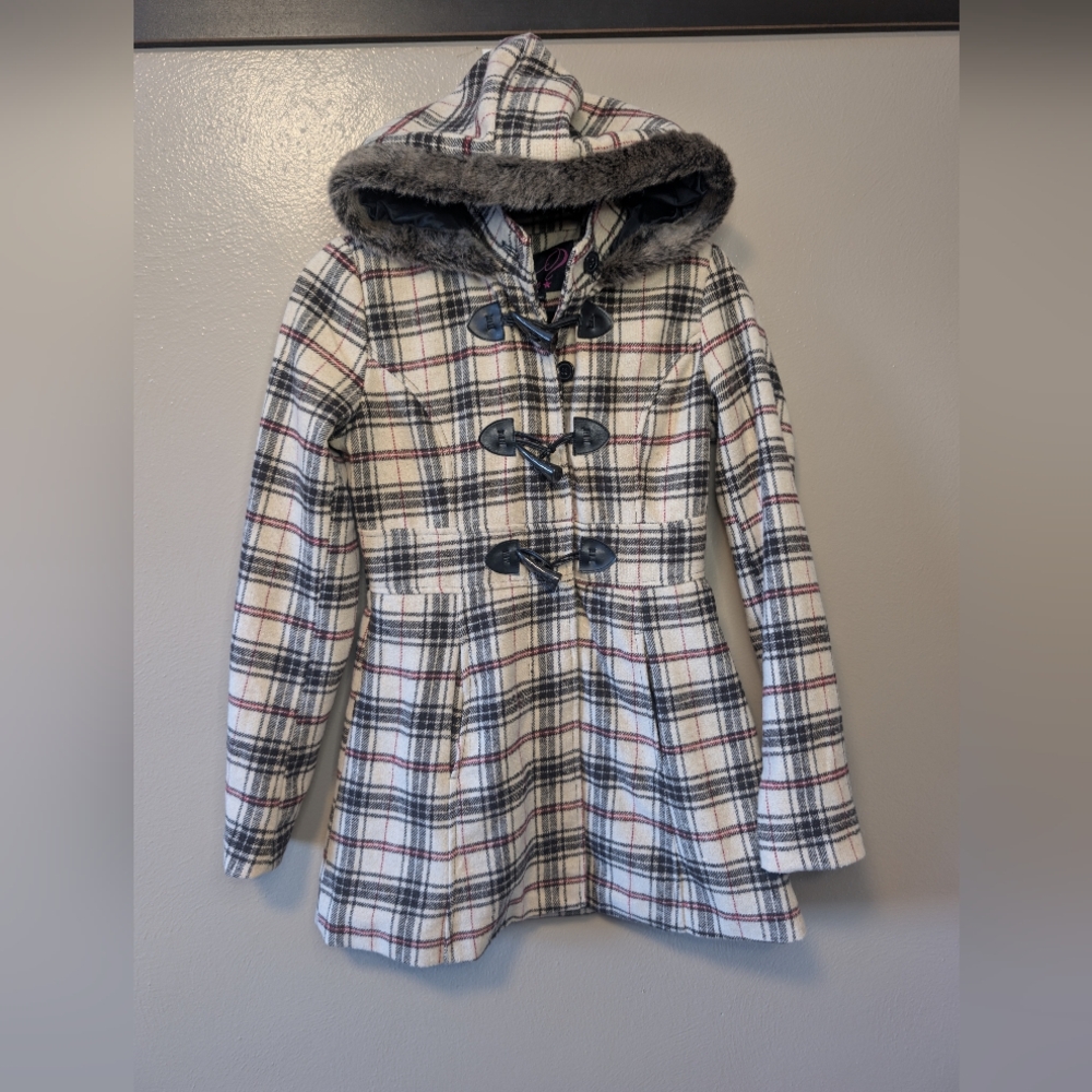Women's Plaid Jacket with Faux Fur Hood Size Small